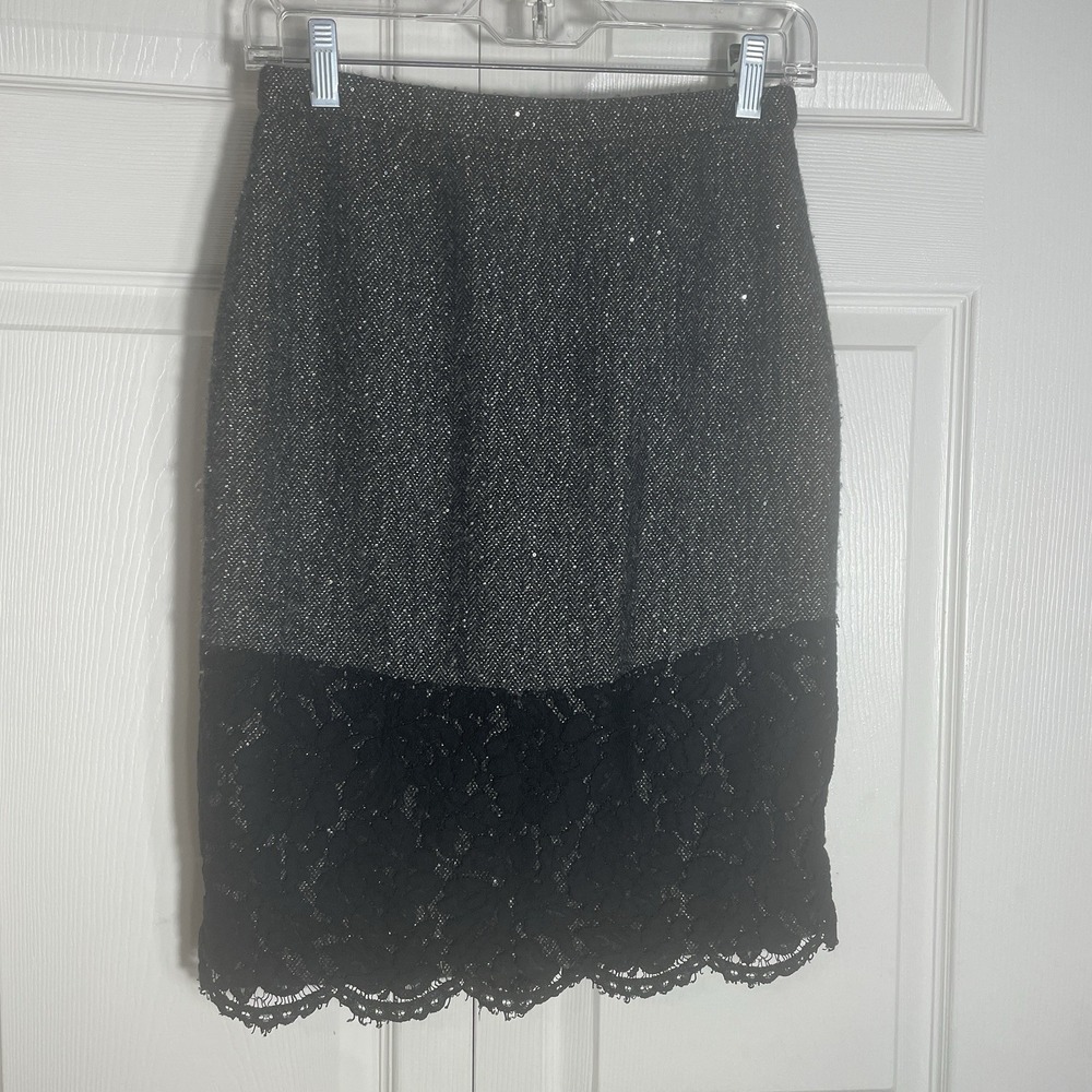 J Crew The Perfect Party Skirt Women 0 Gray Silver Sequins Black Lace Hem Tweed‎